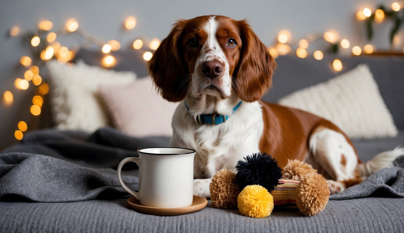An English Setter dog sits next to a coffee mug, surrounded by dog toys and a cozy blanket