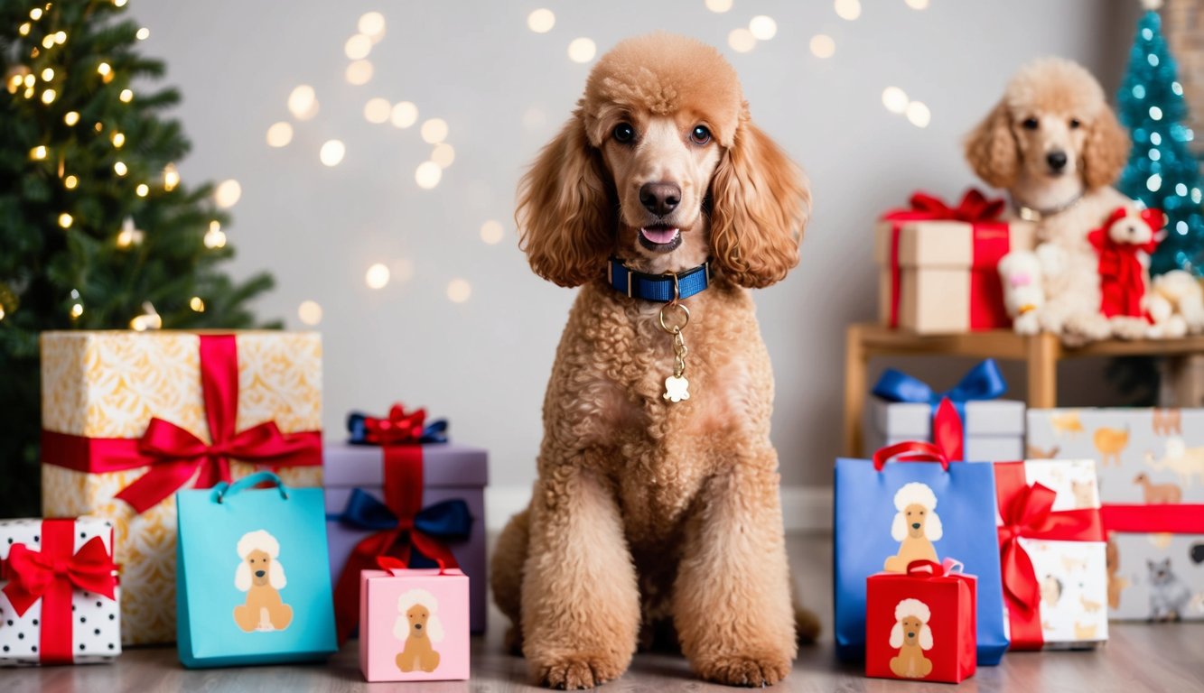 A standard poodle wearing a customizable dog collar, surrounded by poodle-themed gifts and accessories