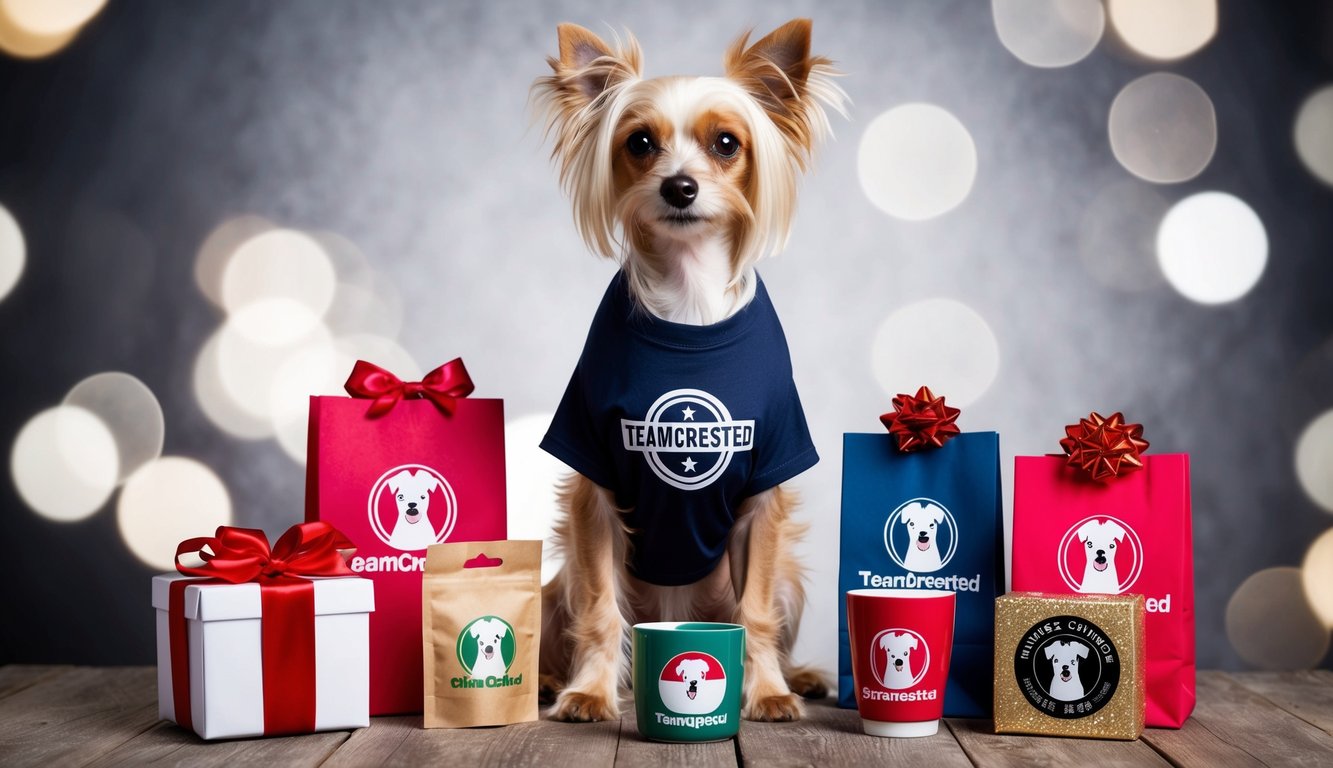 A Chinese Crested dog wearing a T-shirt with a TeamCrested logo, surrounded by 8 different Chinese Crested-themed gift items