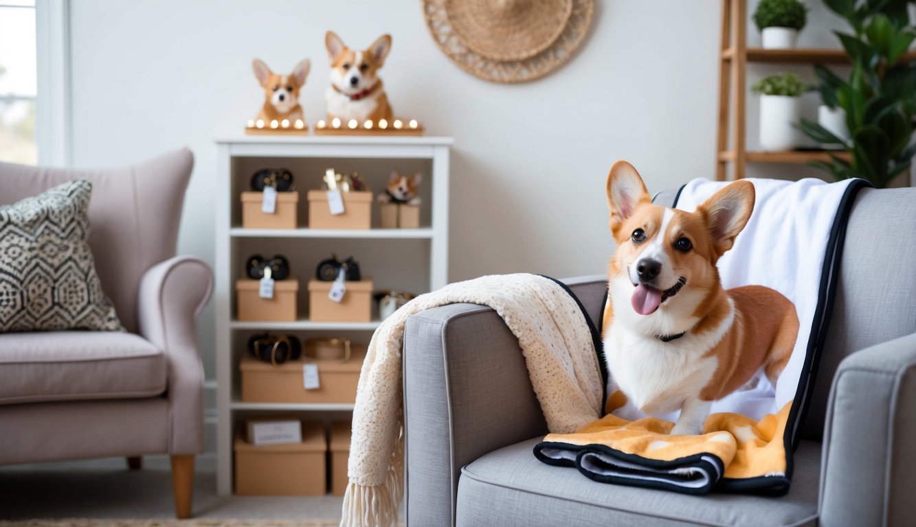 A cozy living room with a corgi-themed throw blanket draped over a comfy chair. A shelf displays the top 5 gifts for Pembroke Welsh Corgi enthusiasts
