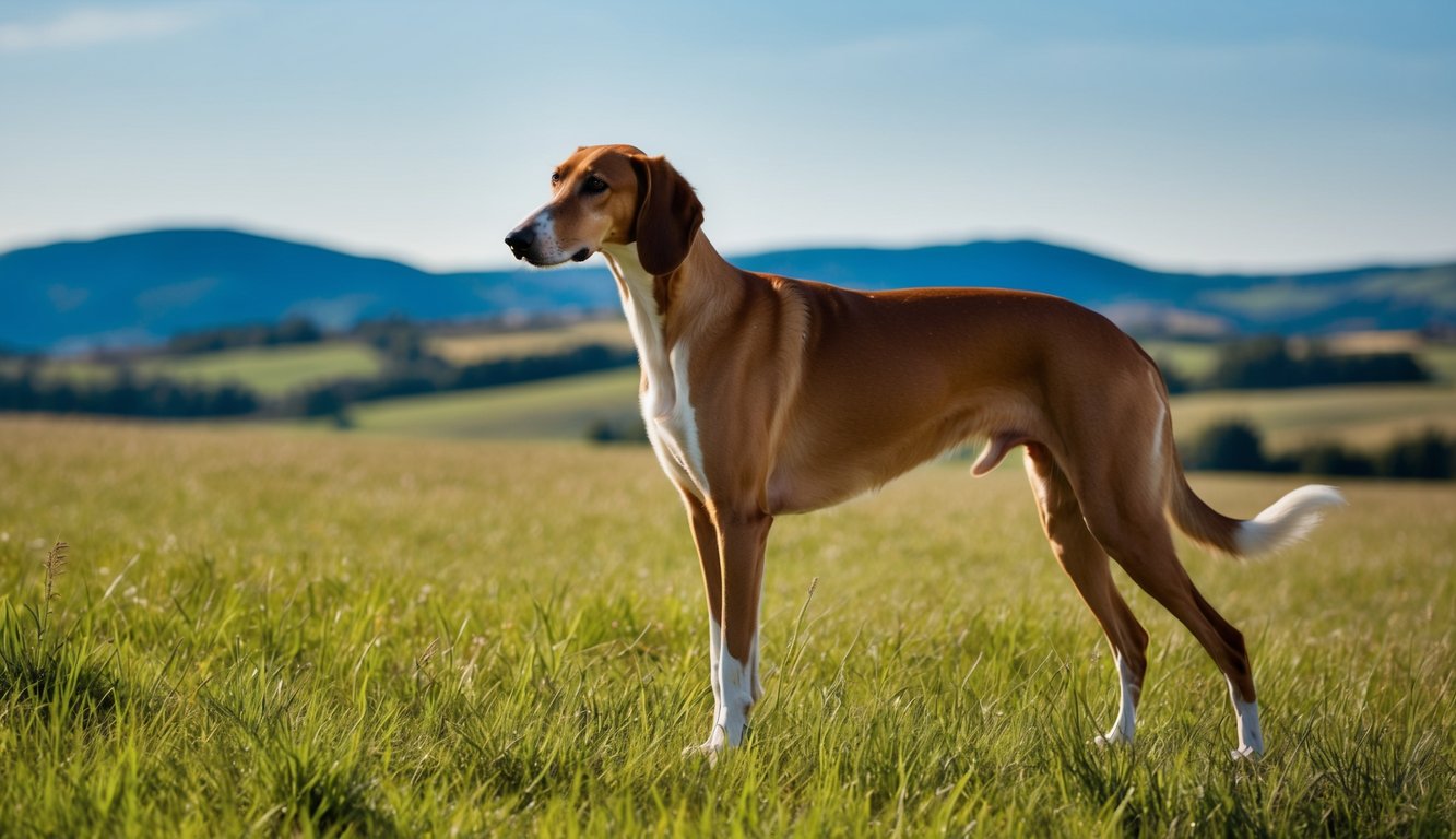 A regal Saluki stands proudly in a sunlit field, its elegant silhouette captured against a backdrop of rolling hills and a clear blue sky