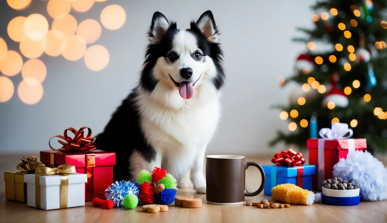 An American Eskimo dog sitting next to a coffee mug surrounded by various gifts, such as toys, treats, and grooming supplies