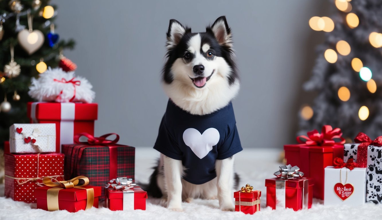 An American Eskimo dog wearing a T-shirt with a heart design, surrounded by various dog-themed gifts