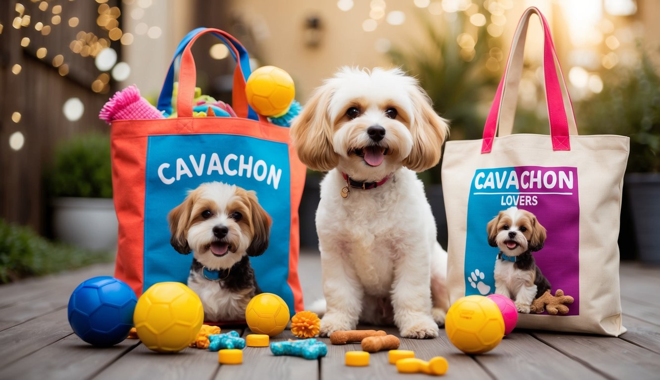 A playful Cavachon dog surrounded by toys and treats, with a colorful tote bag featuring the breed's image and the words "Cavachon Lovers" displayed prominently
