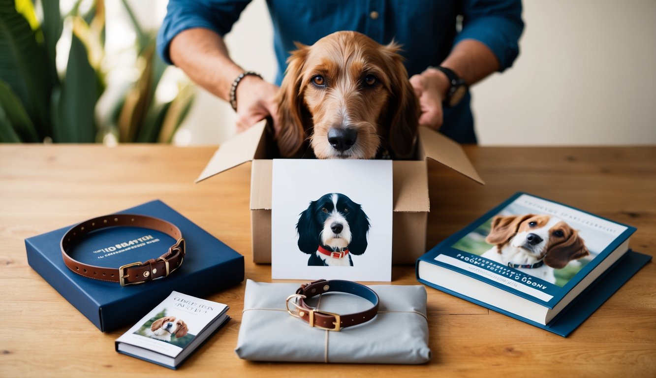A Wirehaired Pointing Griffon owner unwraps a package revealing a personalized collar, a custom portrait of their dog, and a book on training and care