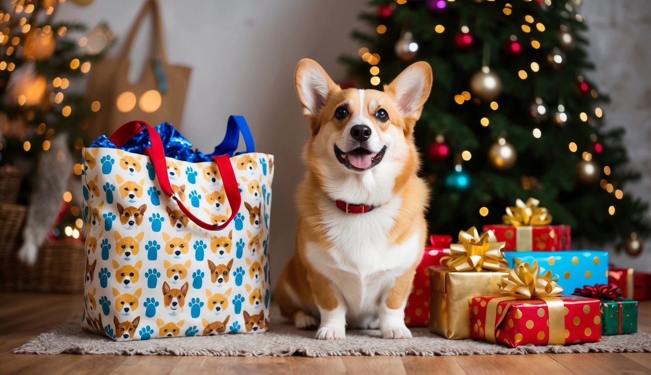 A cheerful Cardigan Welsh Corgi sits surrounded by colorful corgi-patterned tote bags, with a pile of wrapped gifts nearby