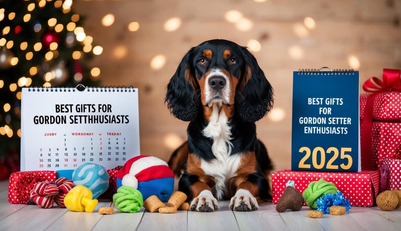 A Gordon Setter surrounded by dog toys and treats, with a 2025 calendar and "Best Gifts for Gordon Setter Enthusiasts" displayed prominently