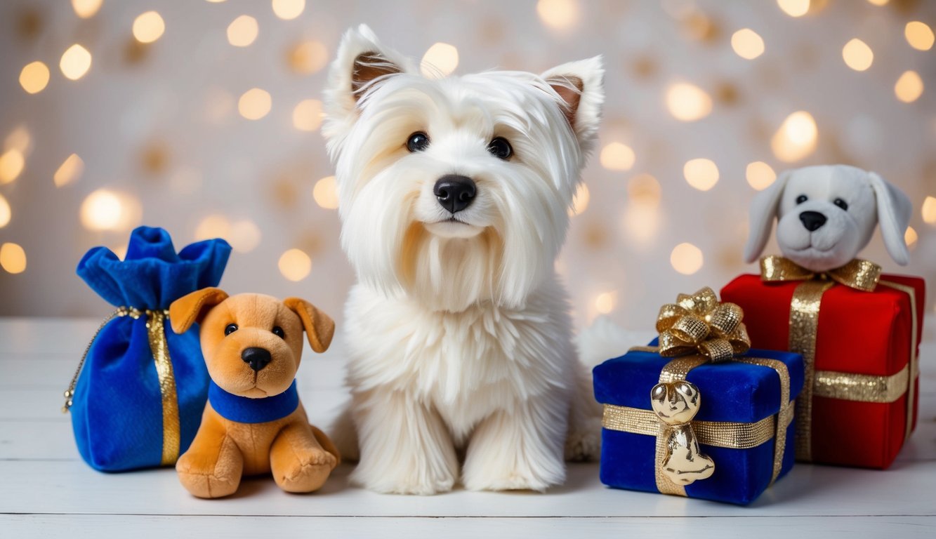 A fluffy West Highland White Terrier plush toy surrounded by four other dog-themed gifts