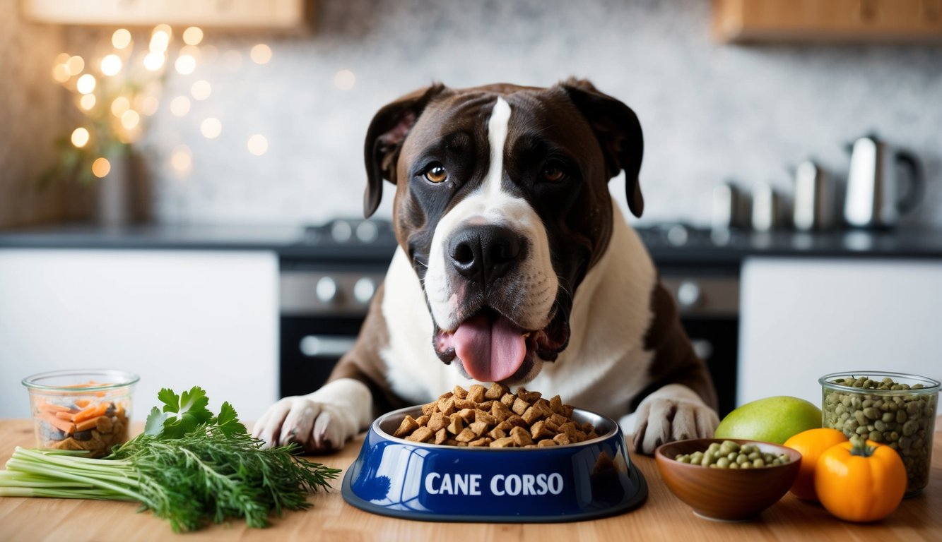 A Cane Corso with its tongue out sits at a kitchen table behind a bowl labeled "Cane Corso," surrounded by vibrant vegetables and fruits, showcasing an ideal nutrition guide for dog food enthusiasts.