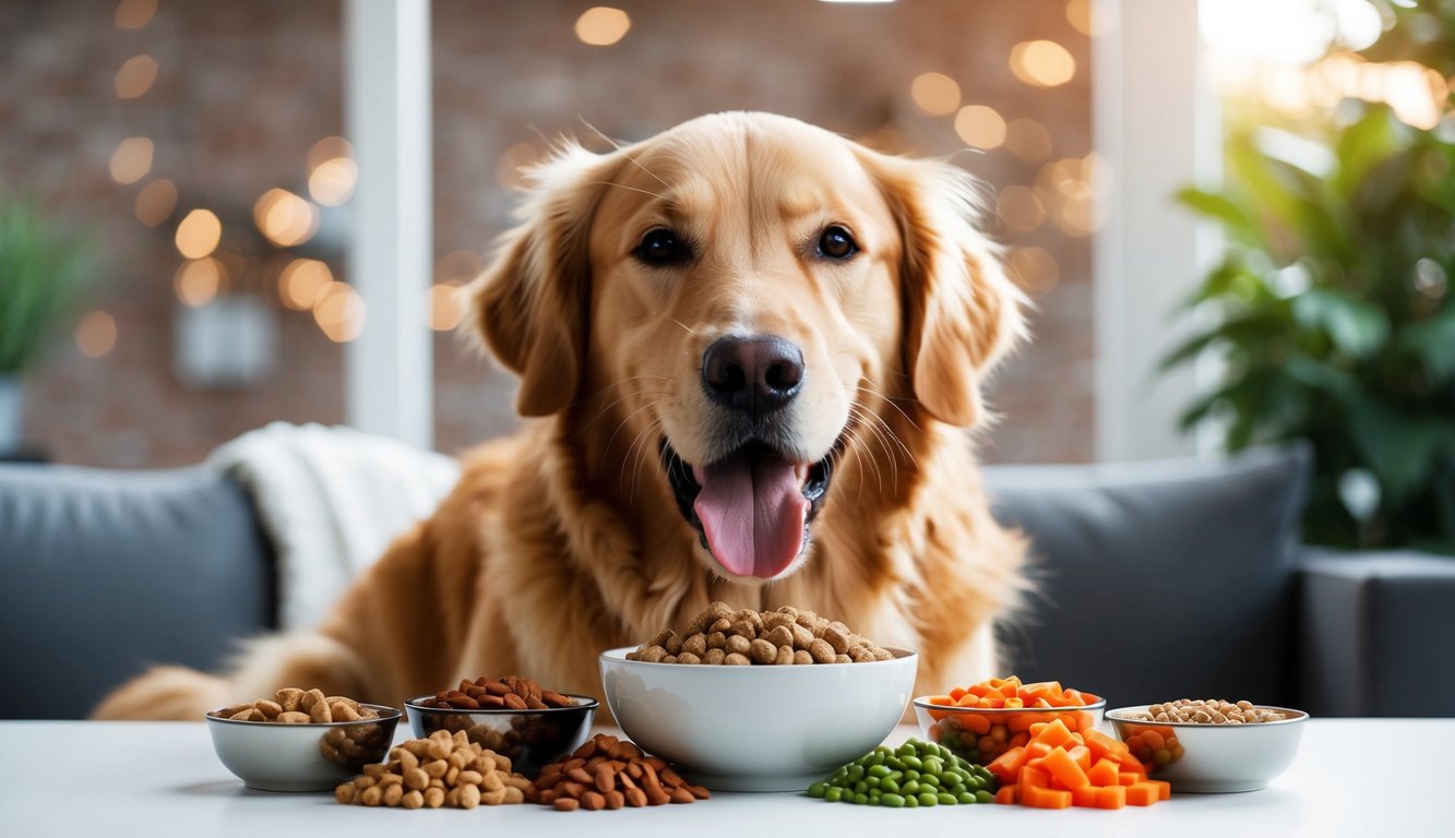 A golden retriever sits happily at a table, surrounded by various bowls of nutritious dog food and vibrant vegetables, embodying the perfect nutrition guide for golden retrievers.