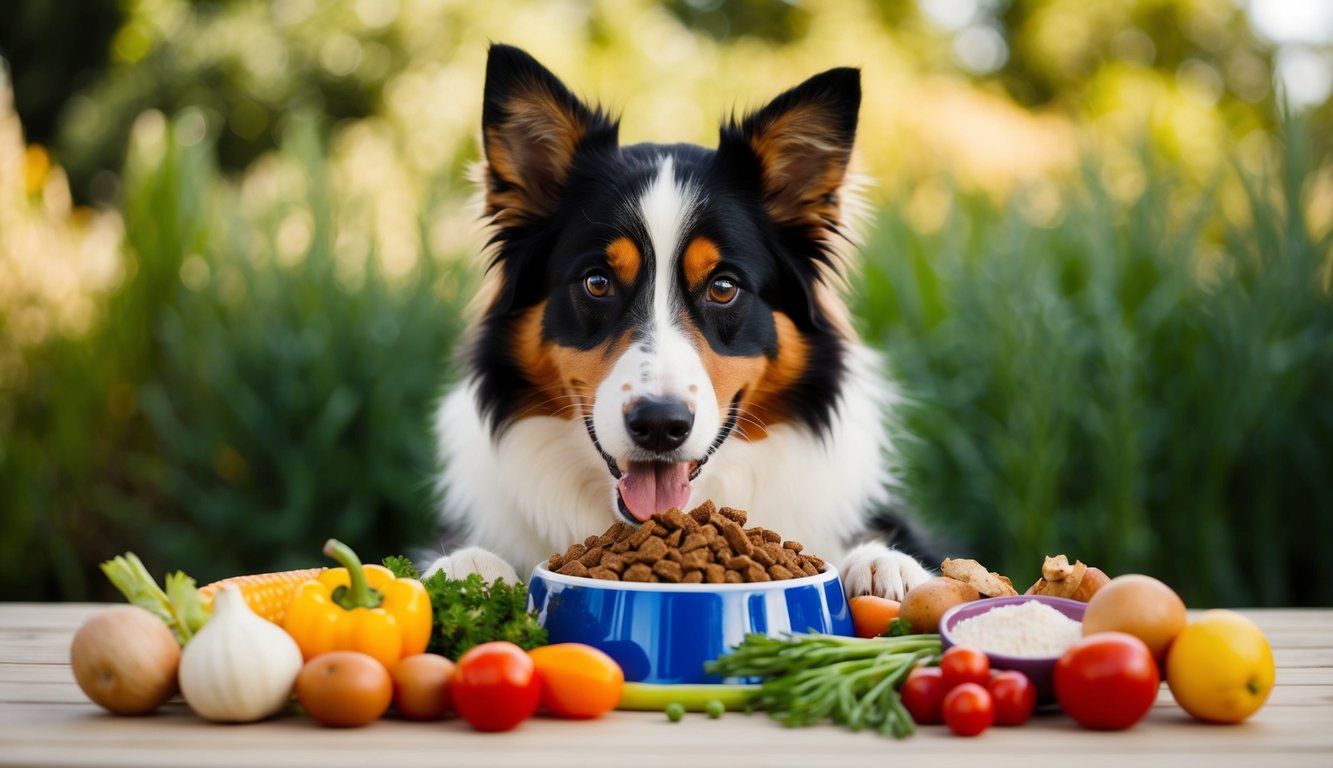 An Australian Shepherd sits behind a blue bowl brimming with kibble, surrounded by an array of colorful vegetables and fruits on the table. This scene offers a complete guide to balanced dog food options.