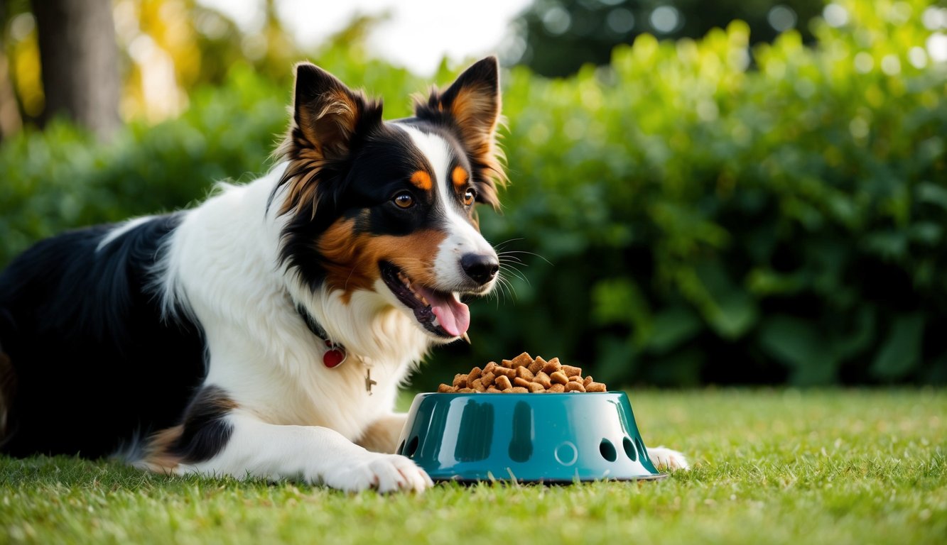 An Australian Shepherd lies on the grass with a green bowl of dog food in front, looking content.