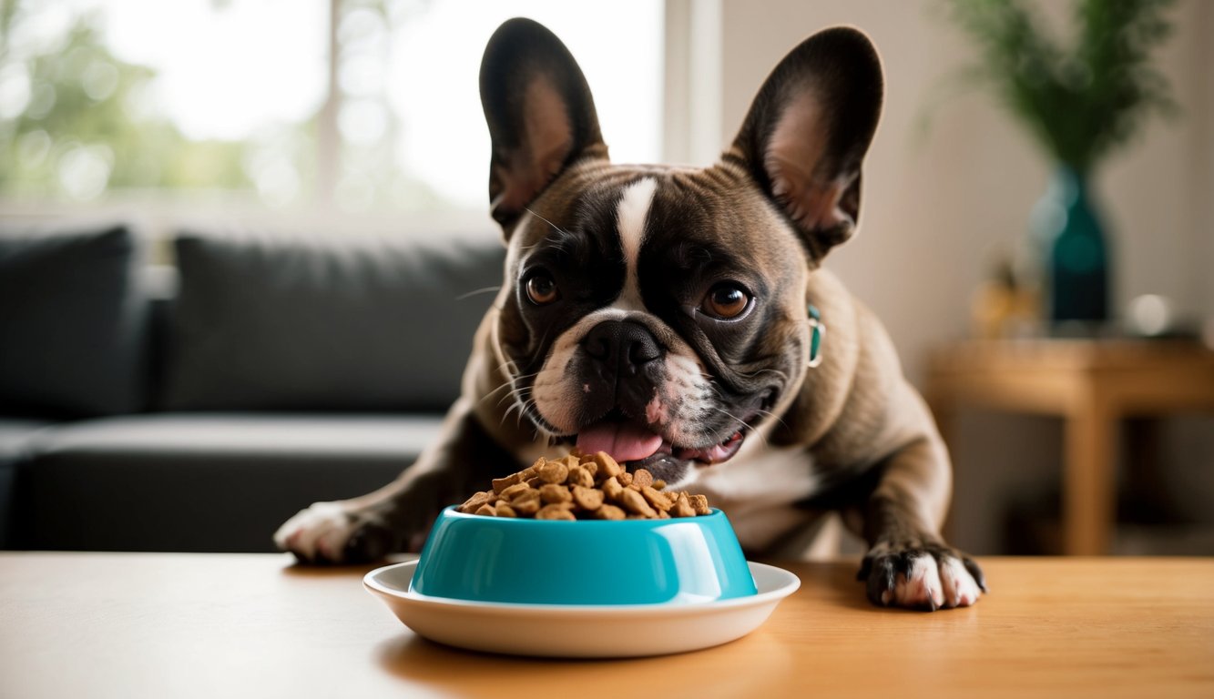 A French Bulldog enjoys its dog food from a blue bowl on a wooden table, with a blurred living room background, highlighting the importance of a good nutrition guide for French Bulldogs.