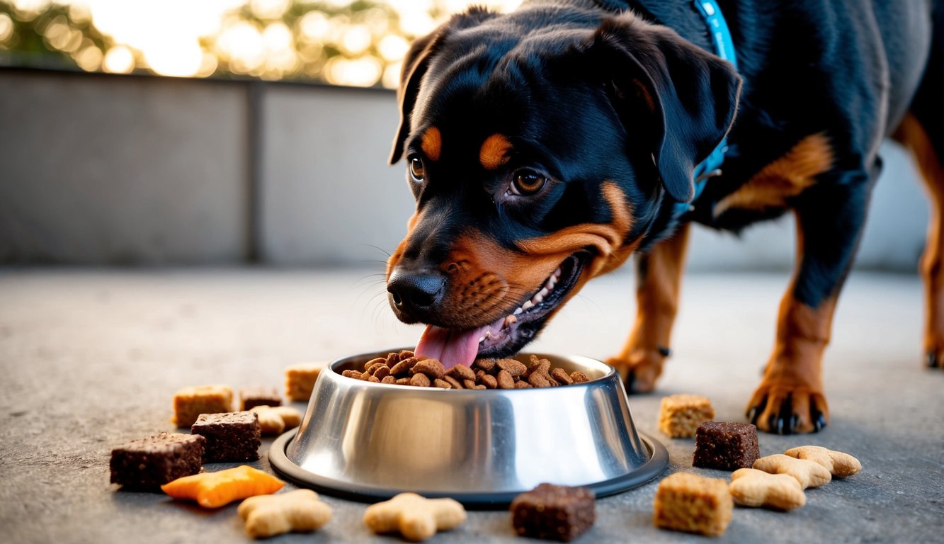 A hungry Rottweiler eagerly devours its meal from a metal bowl while surrounded by an array of tempting dog treats scattered on the ground.