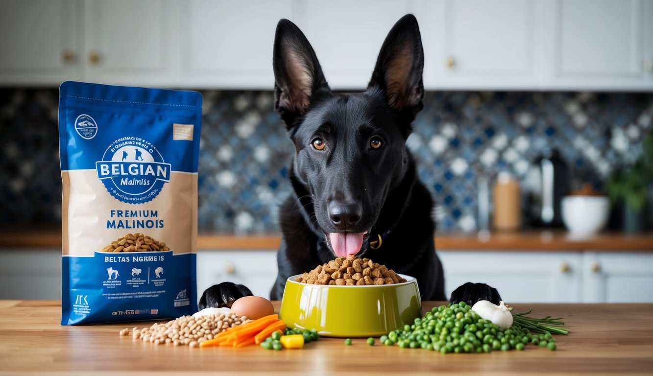 A black dog sits at a kitchen counter with a green bowl of kibble, surrounded by vegetables and a bag of dog food labeled "Belgian Malinois." The scene is like a nutrition guide for canine cuisine.