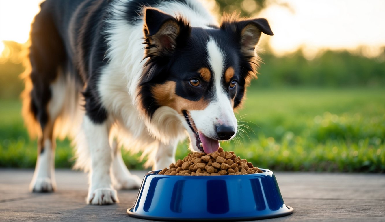 A border collie eagerly munches on ideal dog food from a blue bowl outdoors, set against a blurred green backdrop.