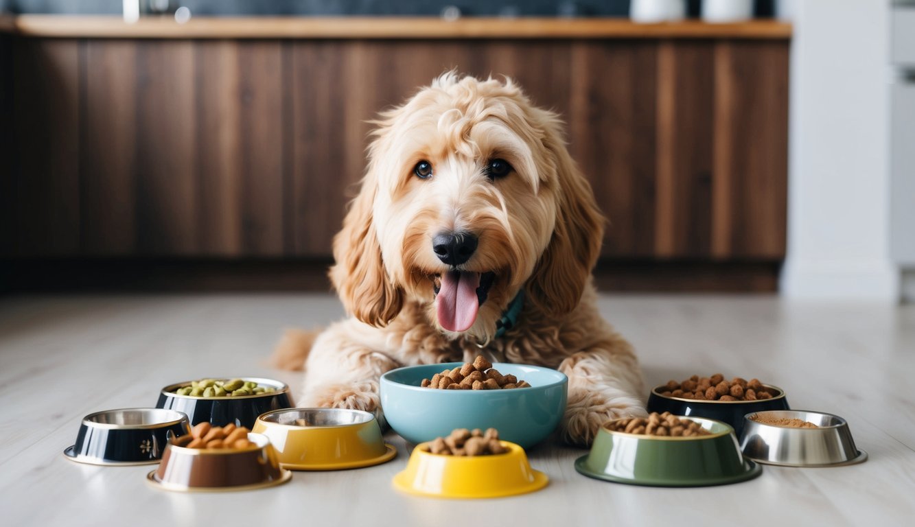 A fluffy Goldendoodle lies on the floor surrounded by assorted bowls of dry food, looking content, as if illustrating a comprehensive dog food nutrition guide.