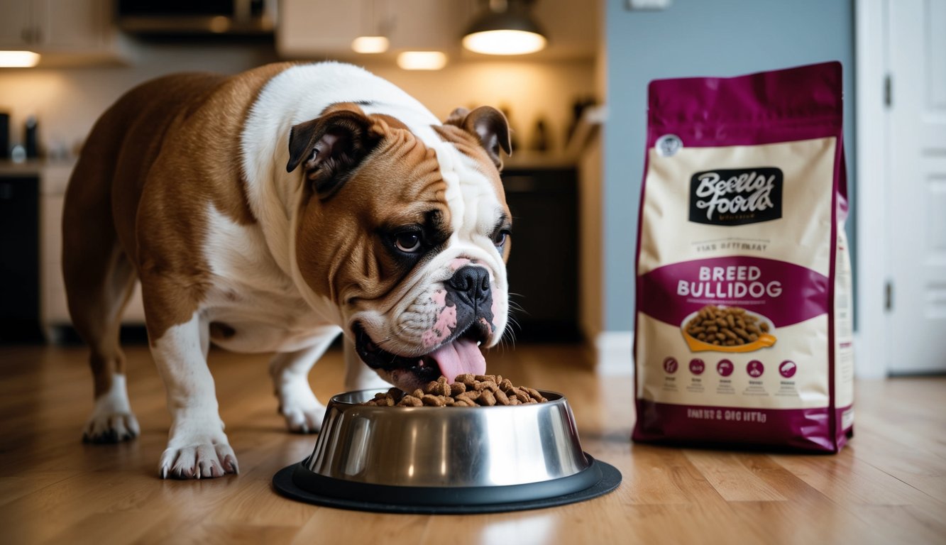 A bulldog eagerly eating from a bowl of breed-specific dog food, with a bag of the same food in the background