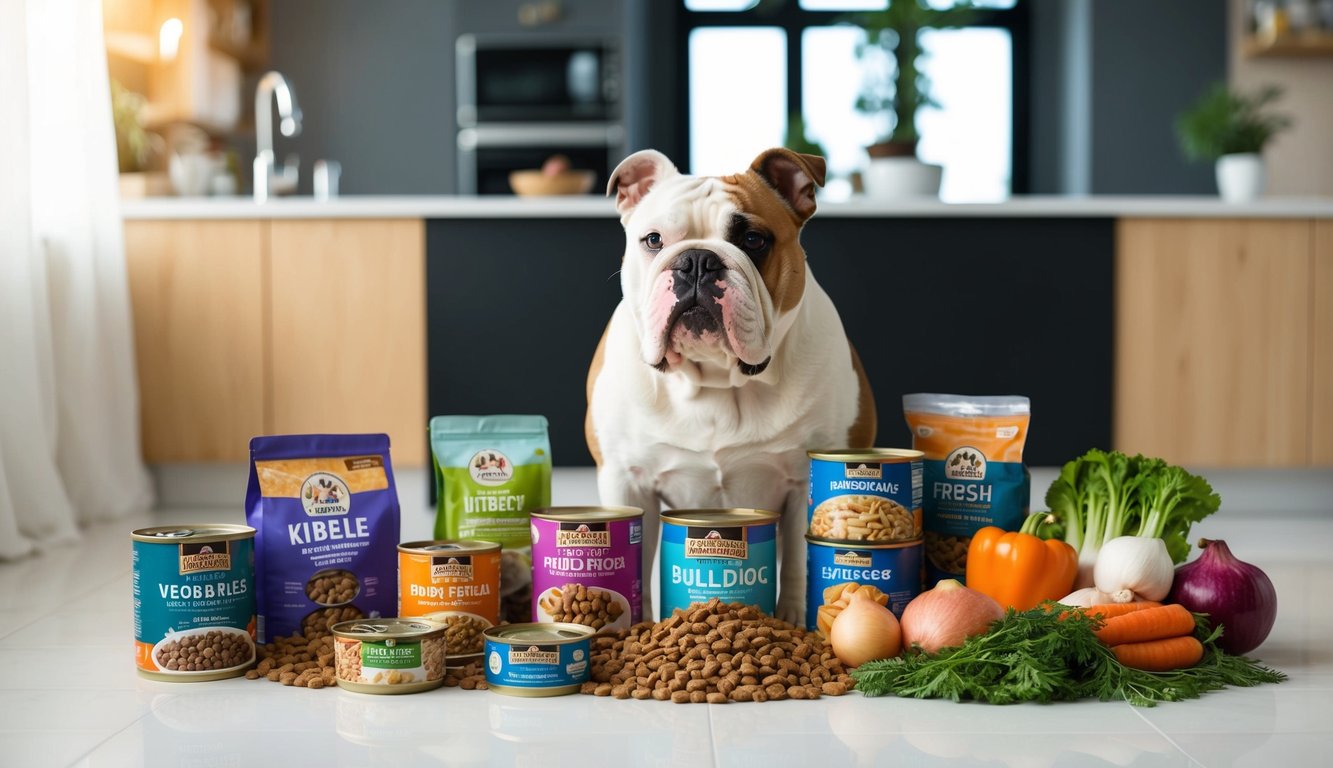 A bulldog surrounded by a variety of high-quality dog food options, including kibble, canned food, and fresh ingredients like meat and vegetables