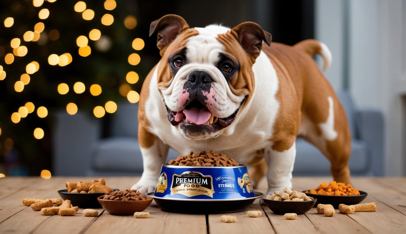 A bulldog eagerly eating from a bowl of premium dog food, surrounded by various treat options and a happy, wagging tail