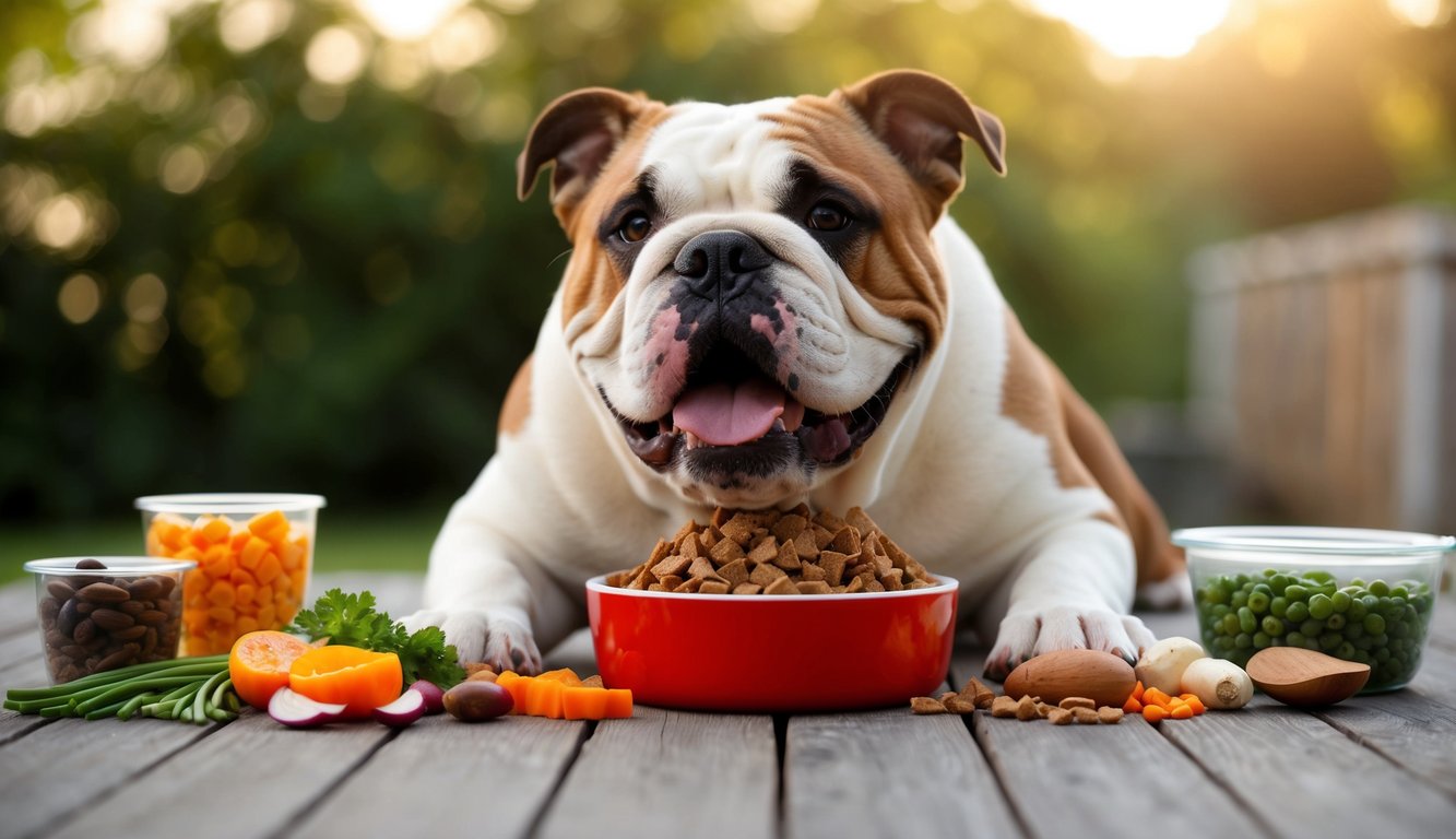 A happy bulldog enjoying a bowl of premium dog food, surrounded by a variety of healthy ingredients and a satisfied expression on its face