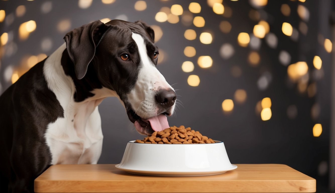 Great Dane dining on nutritious dog food from a bowl perched on a wooden table, with blurred lights twinkling softly in the background.