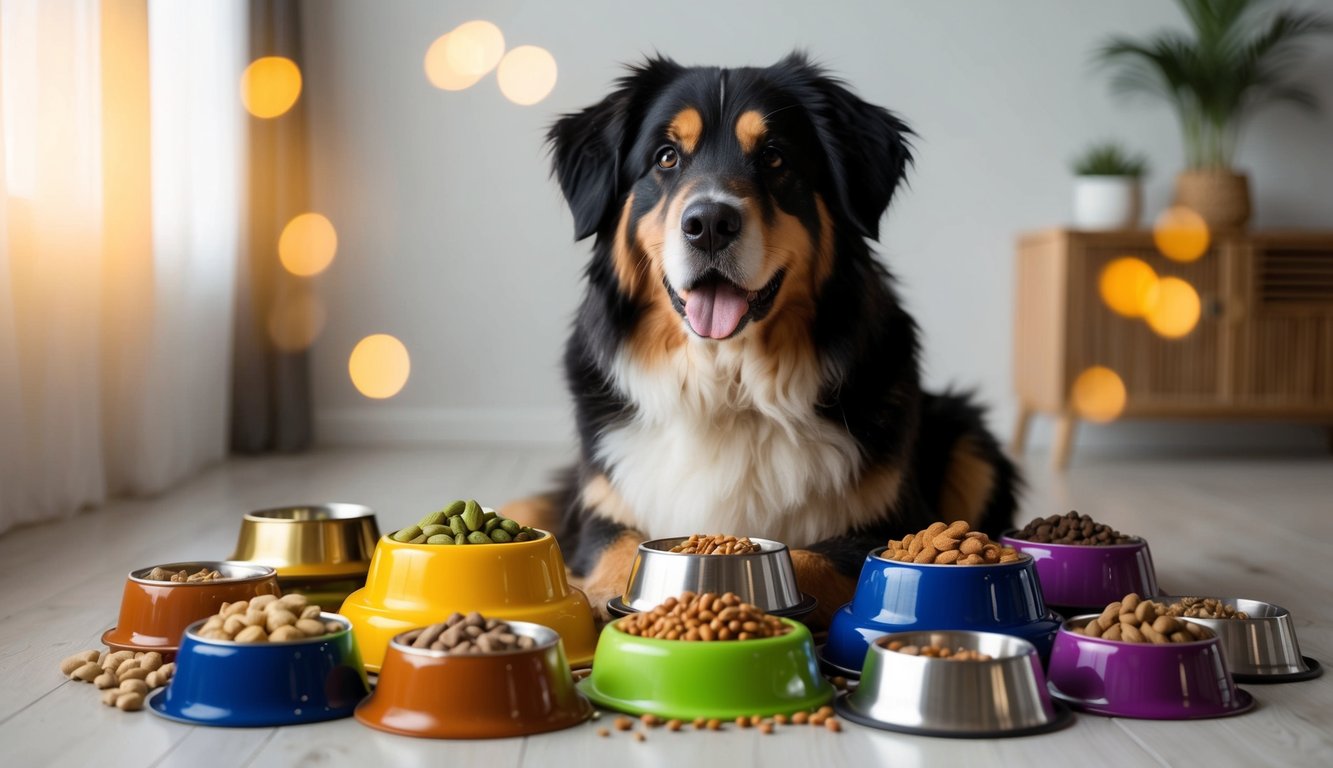 A Great Pyrenees sits patiently behind an array of colorful bowls filled with various dog foods, creating the perfect nutrition guide for pet owners.
