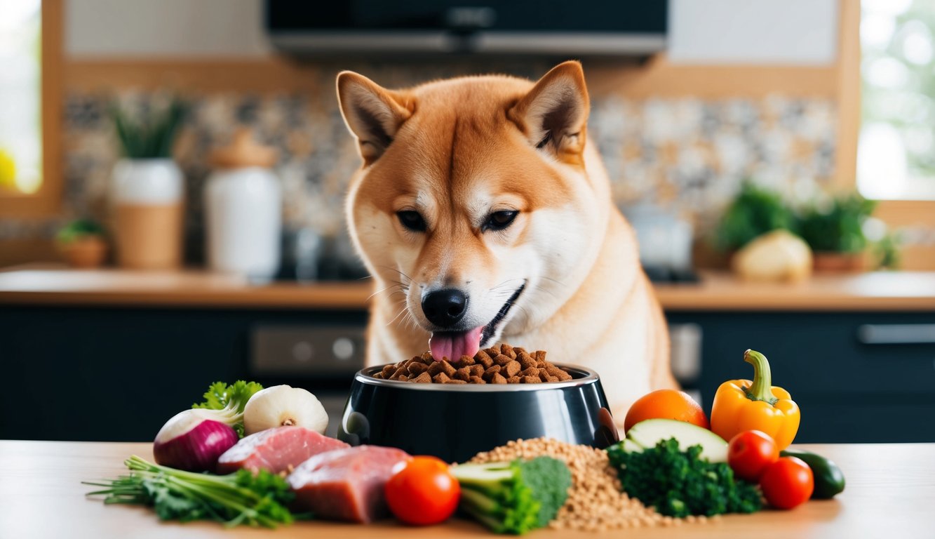 A Shiba Inu curiously eyes a bowl of dog food, nestled among vibrant vegetables, succulent meat, and hearty grains in the kitchen. It's the perfect nutrition guide scene for any discerning pup.