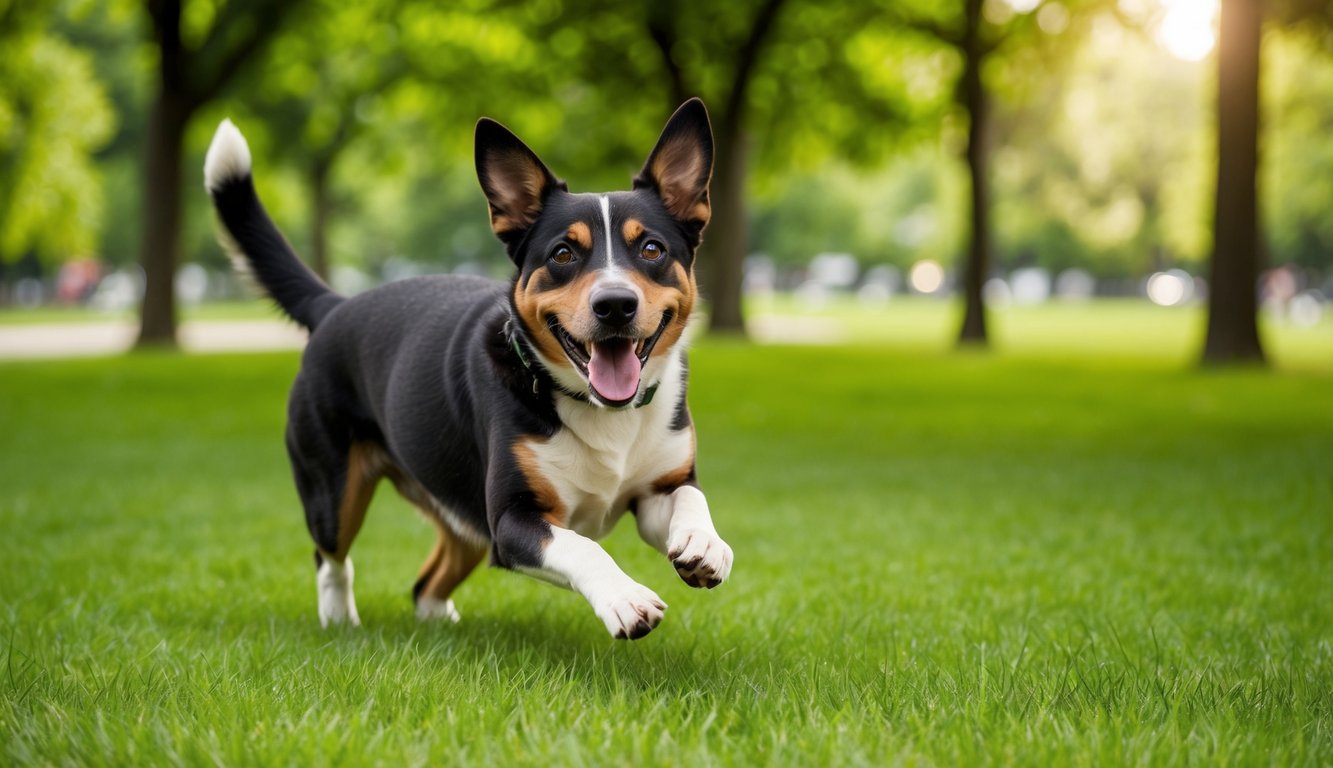 A happy dog with a tricolor coat, fueled by vet-approved supplements, runs across a grassy field in a park, surrounded by green trees under the sunlight.