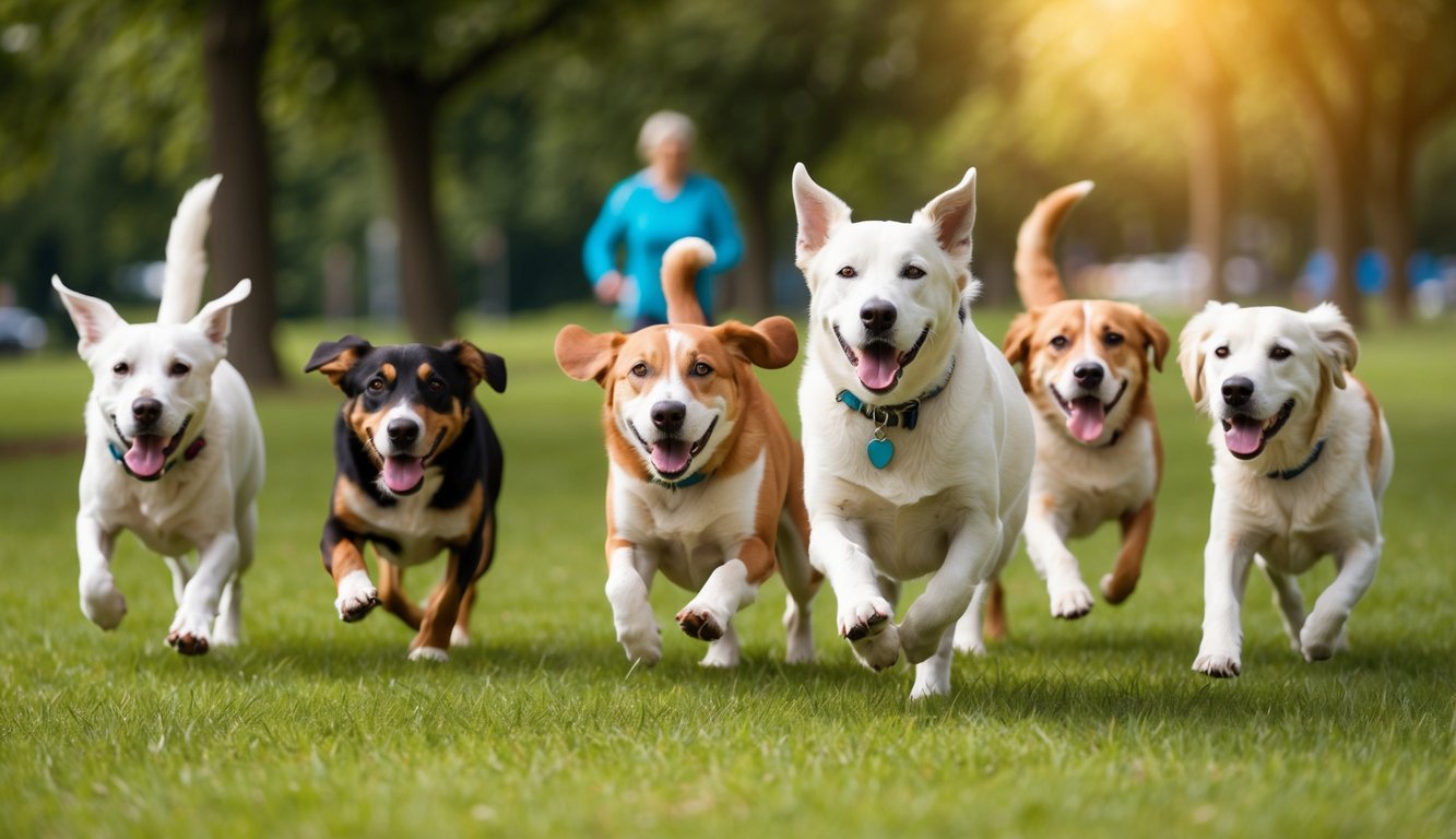 Six dogs of various breeds, including some lively senior dogs, frolic on the green grass in a park as a person jogs in the background. Their joy and energy suggest they might be benefiting from vet-approved hip and joint supplements.