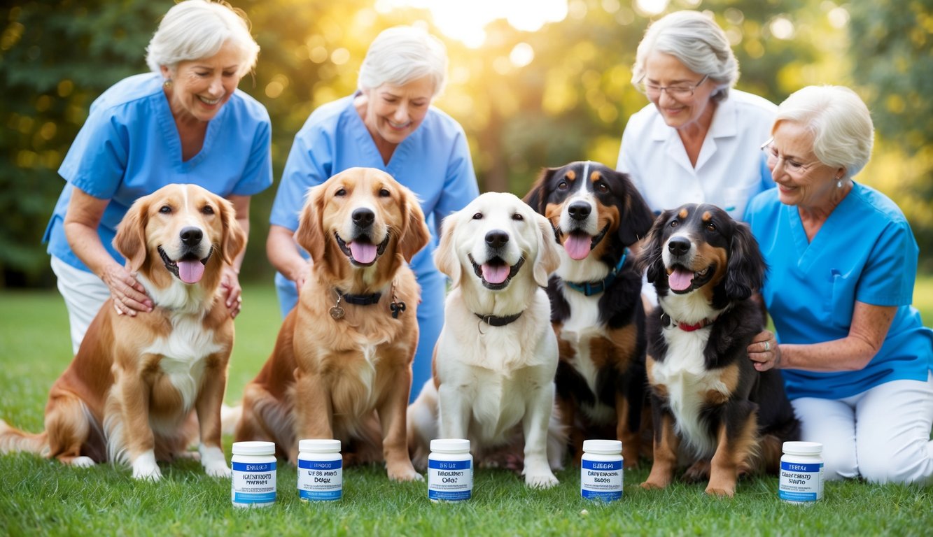 Four seniors in blue shirts relax on the grass with their six loyal, senior dogs by their side. Nearby, containers of hip & joint supplements promise comfort for aging pets. It's a tranquil scene reflecting a vet-approved guide to joyful golden years together.