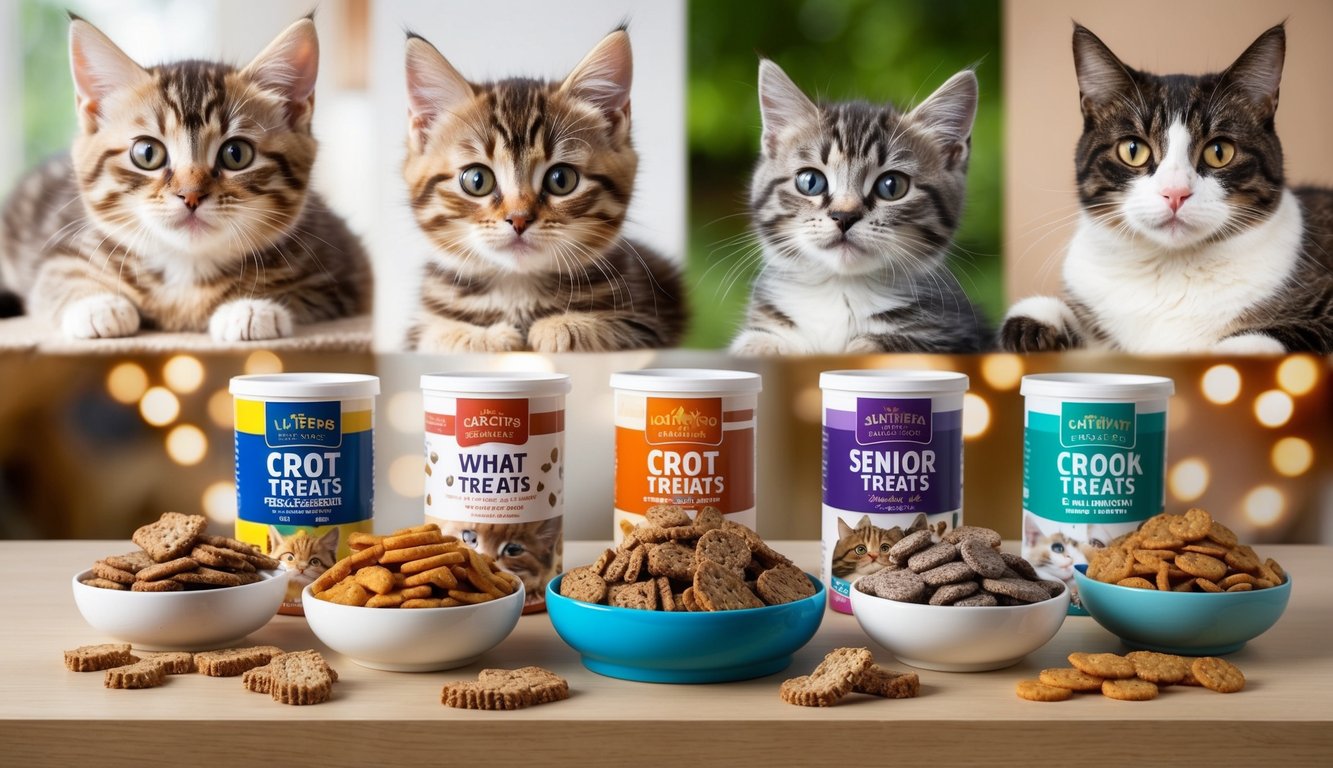 Five cats sit behind a table adorned with bowls of assorted cat treats and labeled containers. Among them are bowls marked "Healthy Options," ensuring each feline has nutritious choices. Welcome to the 2025 feline feast!.