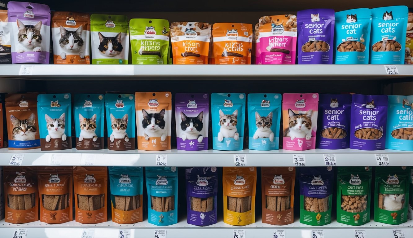 Store shelves displaying various brands and flavors of cat food, including kitten and senior cat options in colorful packaging. Discover healthy options alongside tempting cat treats, ensuring your feline friends' needs are met now and into 2025.