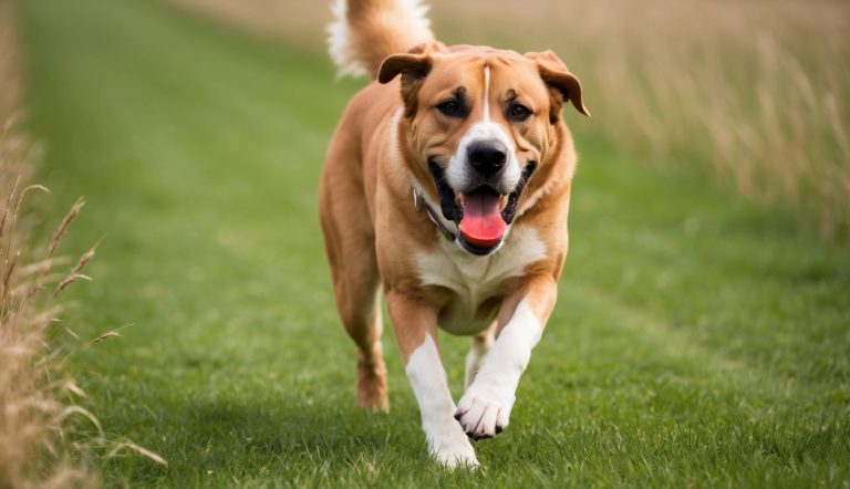 A large brown dog with a white chest runs joyfully on a grassy path, mouth open and tail wagging, as if it's just discovered the secret to happiness in a vet-approved guide.
