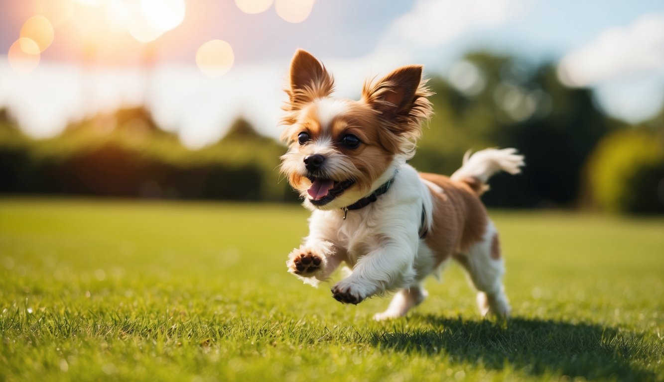 A small, fluffy dog with large ears is joyfully running on a grassy field under a clear sky, embodying the vibrant health often seen in small breeds that benefit from tailored dog multivitamins.