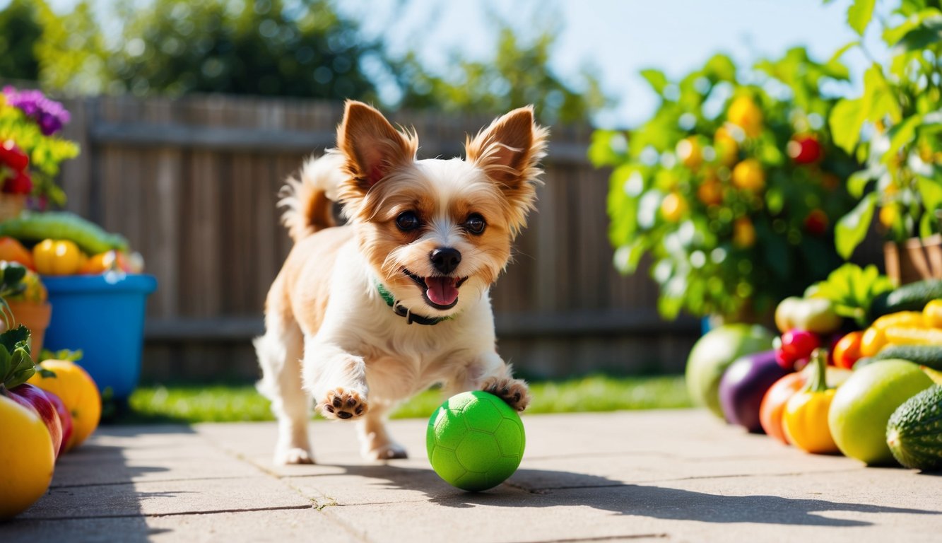 A small dog from a popular small breed is joyfully playing with a green ball on the patio, surrounded by colorful vegetables and plants, with a wooden fence in the background.