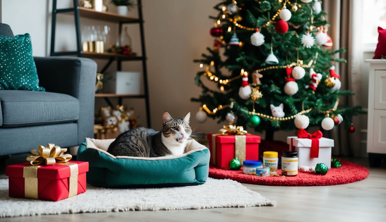 A cat lounges in a pet bed beside a Christmas tree adorned with ornaments. Wrapped holiday gifts for felines and containers of cat treats are scattered on the floor. A gray sofa and shelf complete the cozy backdrop.