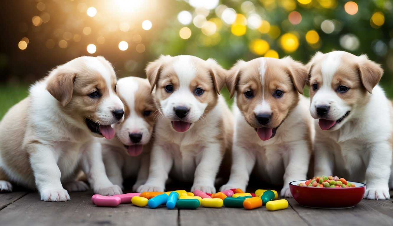 Five puppies sit on a wooden surface with colorful toy bones, a bowl of dog food, and vet-approved chewables. Set against a sunny, blurred background, these playful pups enjoy the best of 2025's puppy care.