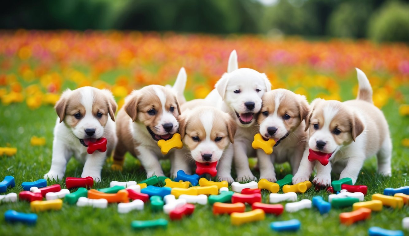 A group of seven puppies play on the grass with colorful toy bones scattered around them, their energy a testament to vet-approved chewables. The background is filled with vibrant flowers, setting a joyful scene in 2025.