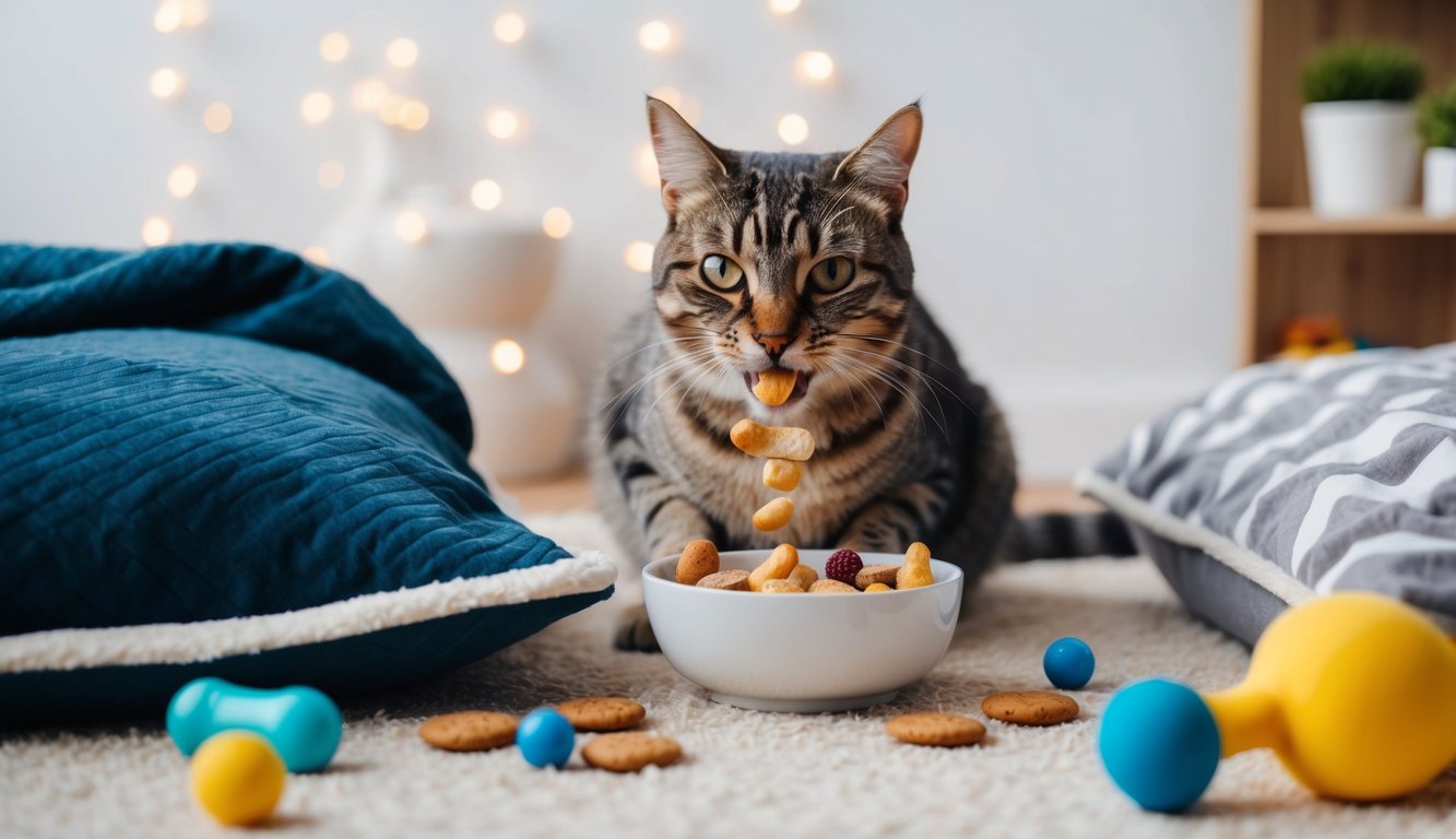 A senior tabby cat with green eyes enjoys treats from a bowl on a cozy floor, surrounded by toys and cushions, with soft lights in the background.