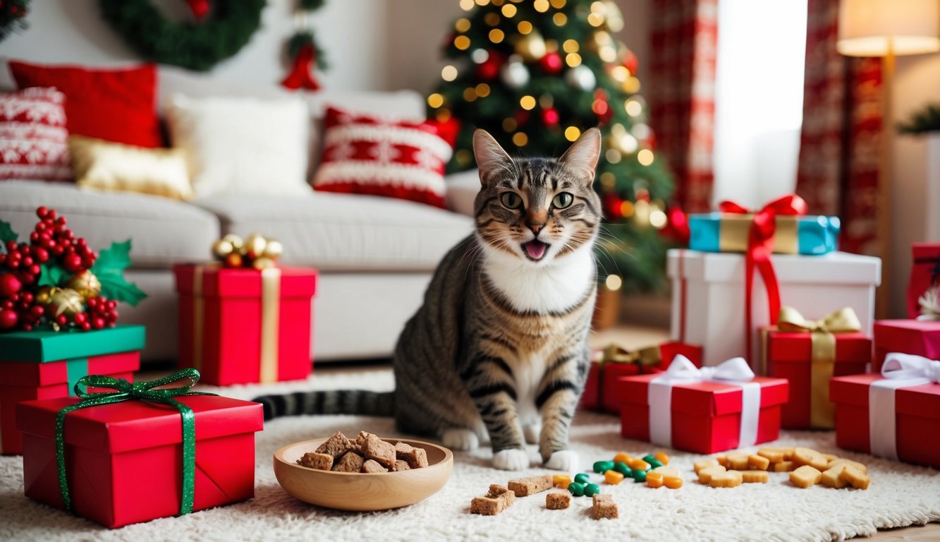 A cat basks on a rug, surrounded by holiday gifts and delicious cat treats, in a festive living room with a Christmas tree glowing softly in the background.