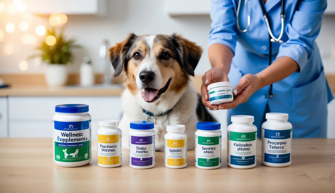 A dog sits next to a table with various senior dog supplements. A person in a blue coat holds one bottle, showcasing its label for enhanced wellness and mobility.