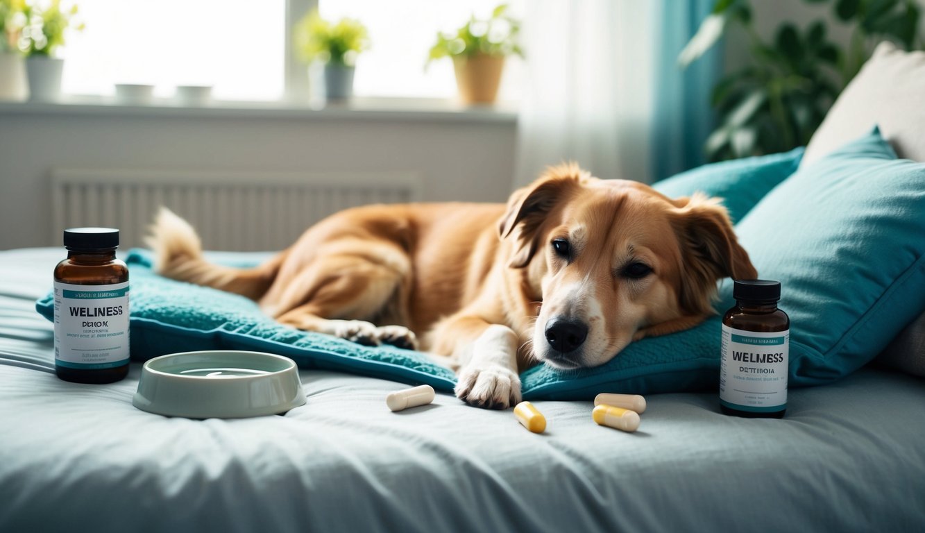A dog lies on a bed next to a food bowl, with two bottles labeled "Wellness" and several capsules nearby. These senior dog supplements are essential for maintaining mobility in your furry friend.