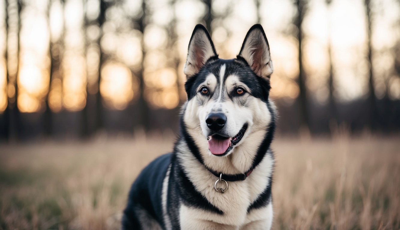 A black and white Gerberian Shepsky with a collar sits on grass in front of blurred trees at sunset.