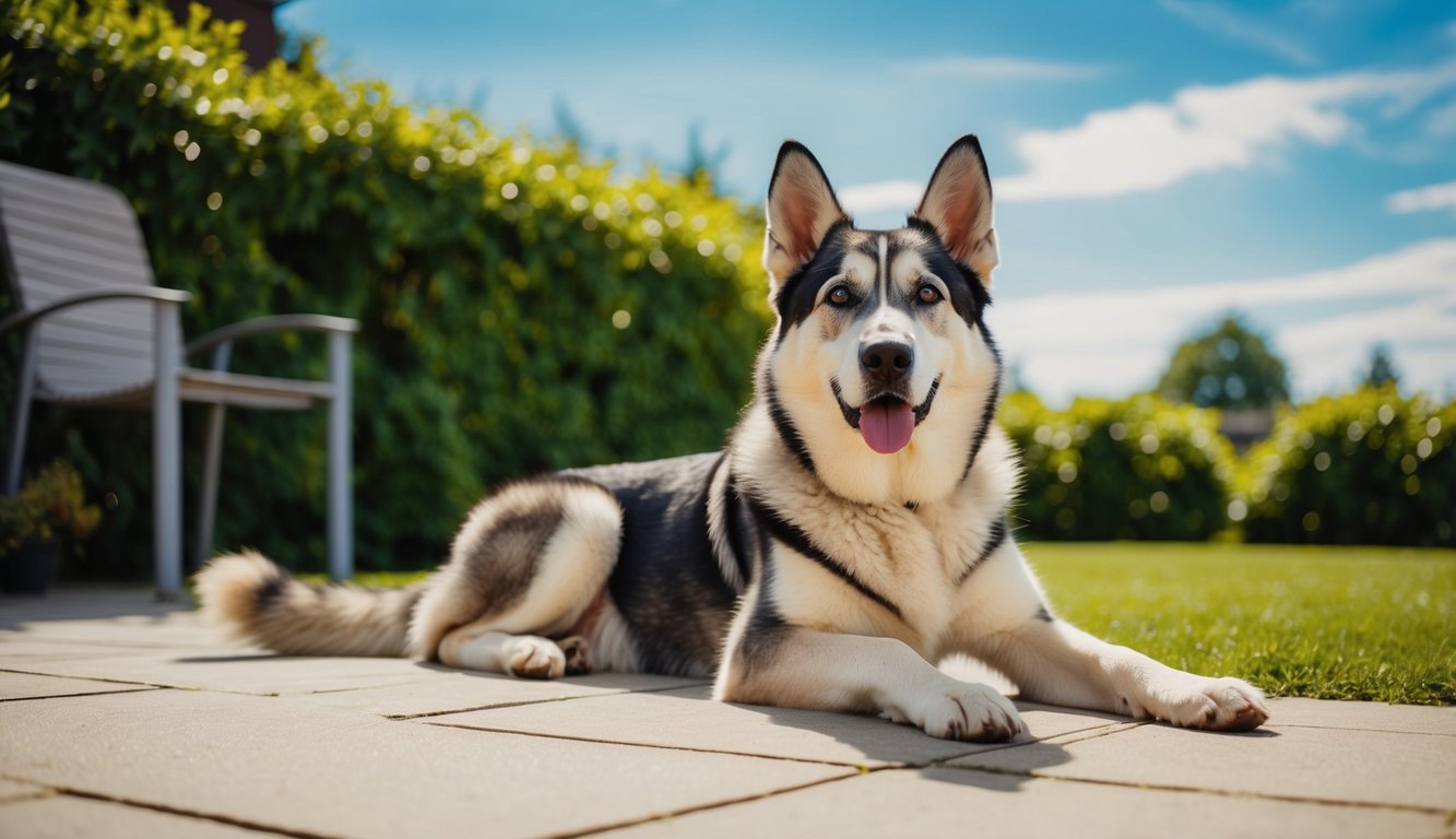 A large Gerberian Shepsky with black, white, and gray fur is lying on a sunlit patio. Its tongue is out as it basks among the greenery on a clear day.