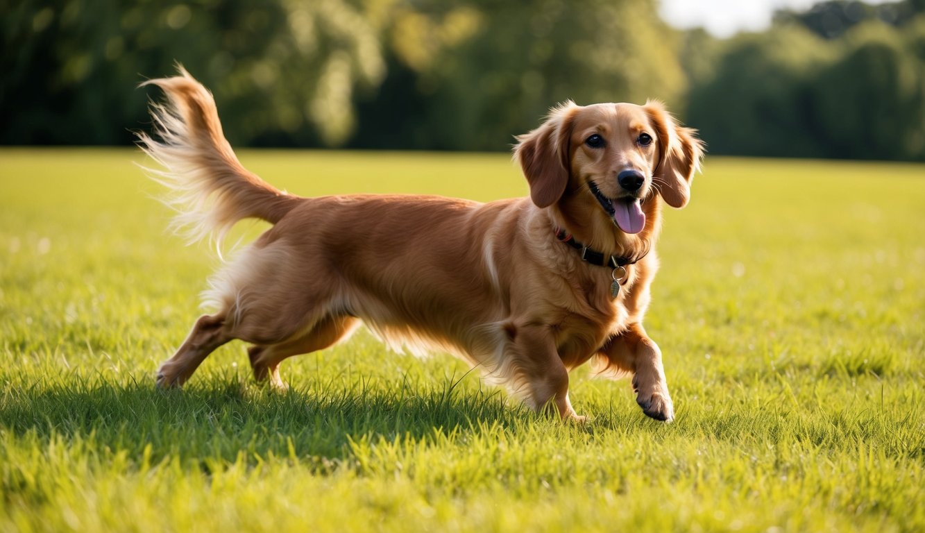 A spirited Goldendox with floppy ears dashes joyfully across the lush green grass of a sunlit park.
