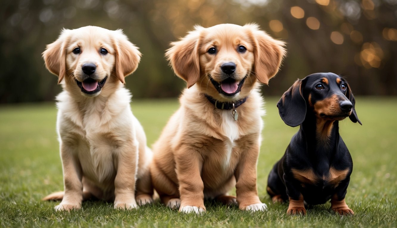 Two golden retriever puppies and a Goldendox sit playfully on the grass in an outdoor setting, showcasing the charming blend of a Golden Retriever Dachshund mix.