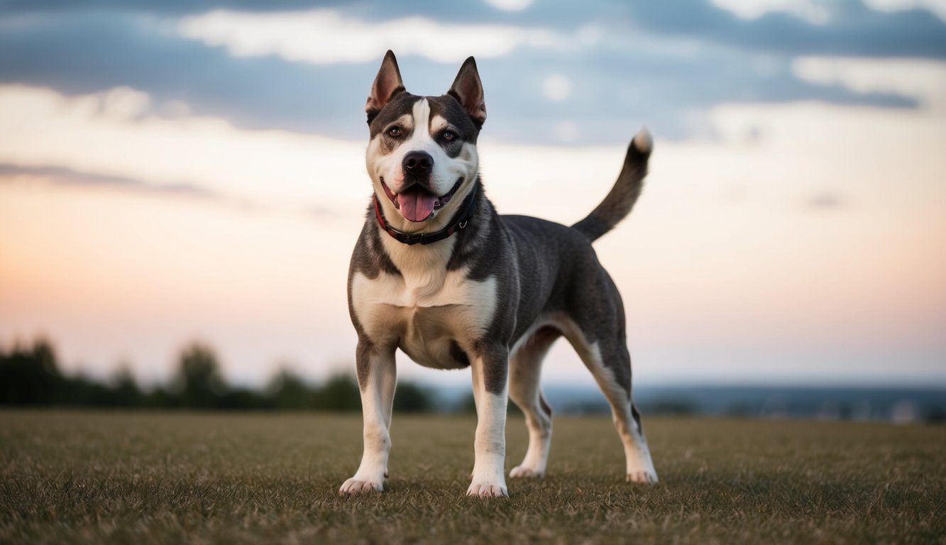A happy dog from the Pitsky breed stands on grass with its mouth open and tongue out, set against a stunning sunset sky.