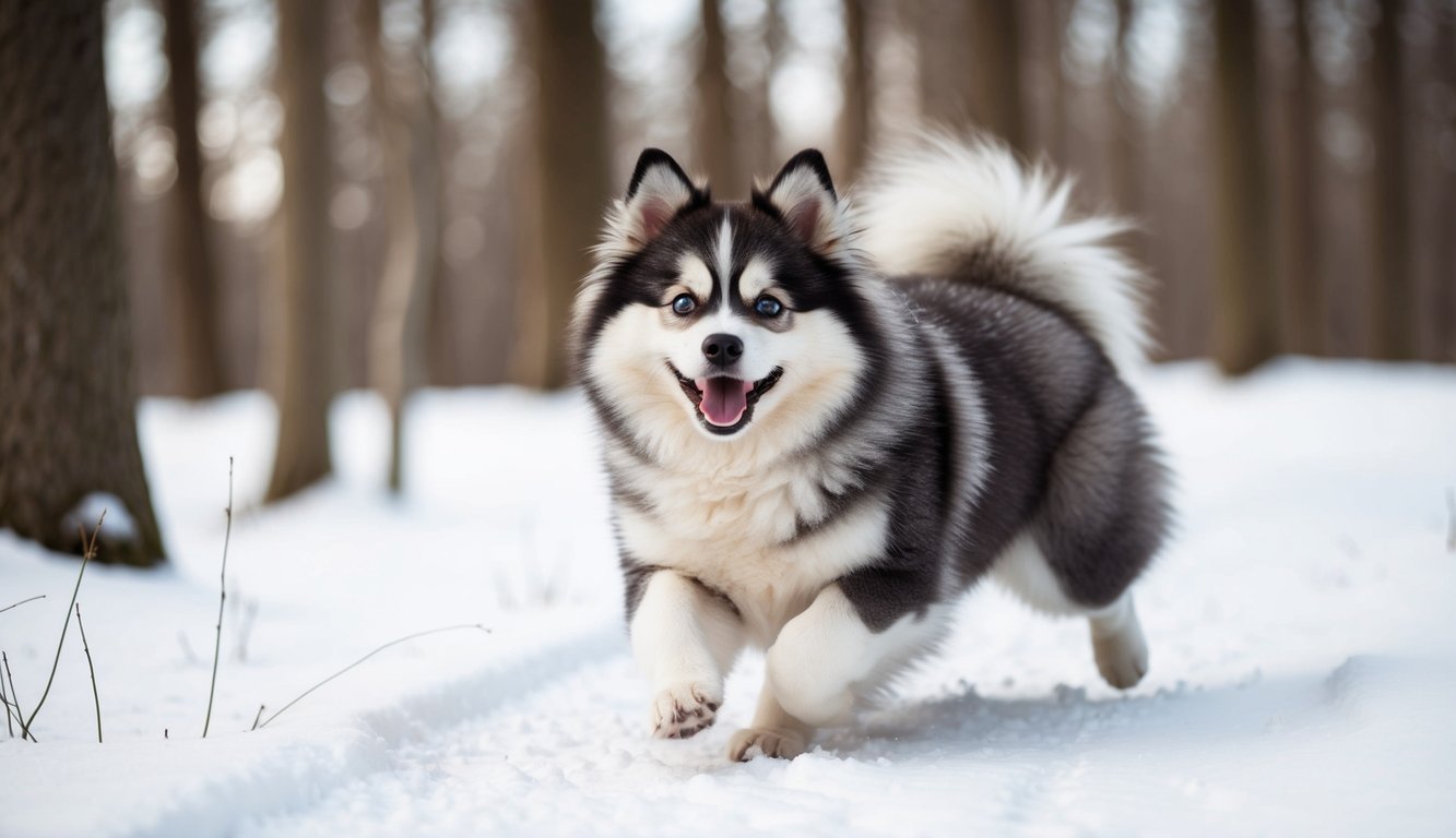 A fluffy Pomsky joyfully runs through a snowy forest in 2024.