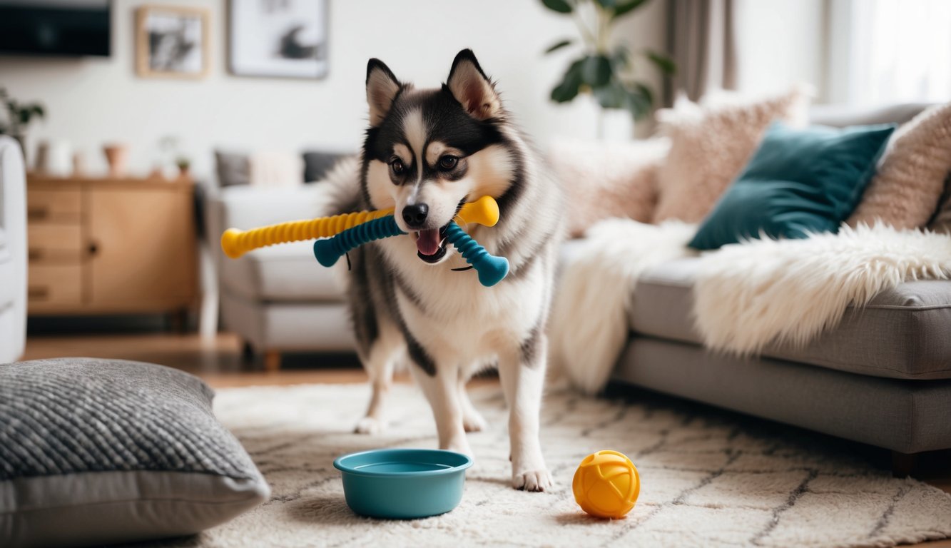A Pomsky stands indoors with a blue and yellow rubber toy in its mouth. Beside it, a blue bowl and yellow ball are scattered on the floor. The room features a cozy sofa, cushions, and a fluffy rug, creating the perfect setting for this playful Pomeranian Husky Mix of 2024.
